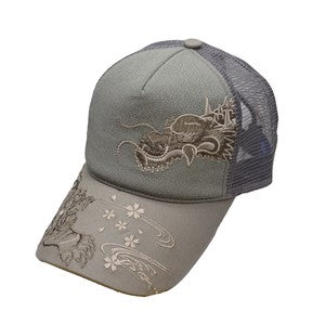 Embroidered Mesh Cap Monotone Tiger & DragonA Grey