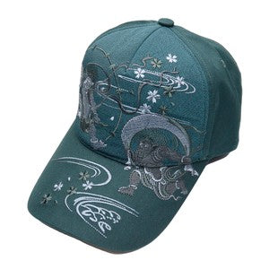 Embroidered Cotton Cap Monotone Fujin & Raijin Green