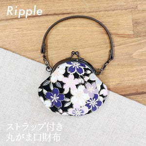 Round coin purse with strap, cherry blossom design, black.