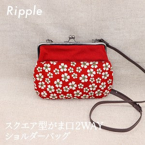 Square-shaped coin purse 2-way shoulder bag, small cherry blossom design, burgundy.