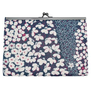 Clasp-closure accordion multi-case, Japanese small flower design, navy blue