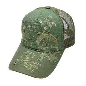 Embroidered Mesh Cap Monotone Fujin & Raijin Khaki