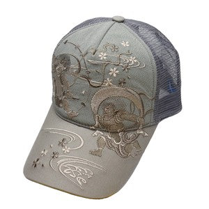 Embroidered Mesh Cap Monotone Fujin & Raijin Grey