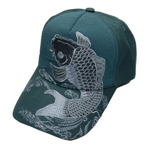 Embroidered Cotton Cap Monotone Koi Green