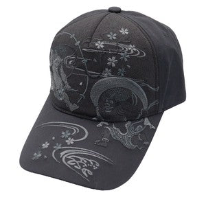 Embroidered Cotton Cap Monotone Fujin & Raijin Black