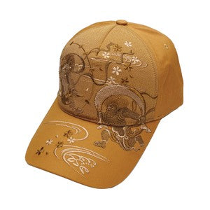 Embroidered Cotton Cap Monotone Fujin & Raijin Brown