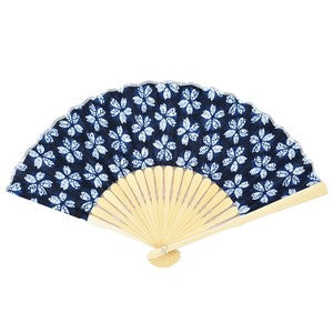 Sensu Women's Fabric Fan 20cm Squeezed Cherry Blossom Blue