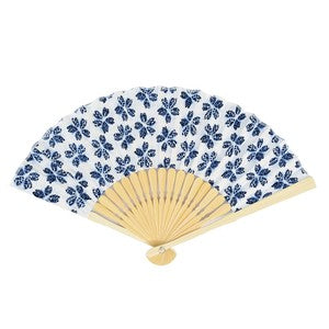 Sensu Women's Fabric Fan 20cm Squeeze Cherry Blossom White Blue