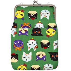 GA27 Gamaguchi 2 way Shoulder Bag Lovely Cats Green